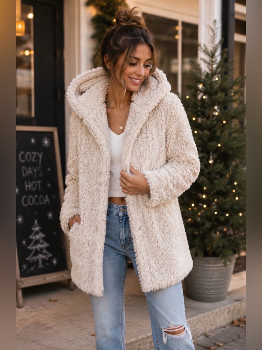 Hollister Faux Fur Coat Jacket Hooded Lined Small‎ S